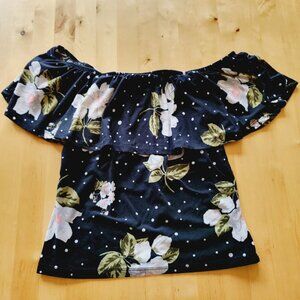 Rue 21 Shirt Women's Large Black Floral Off Shoulder Crop Lightweight